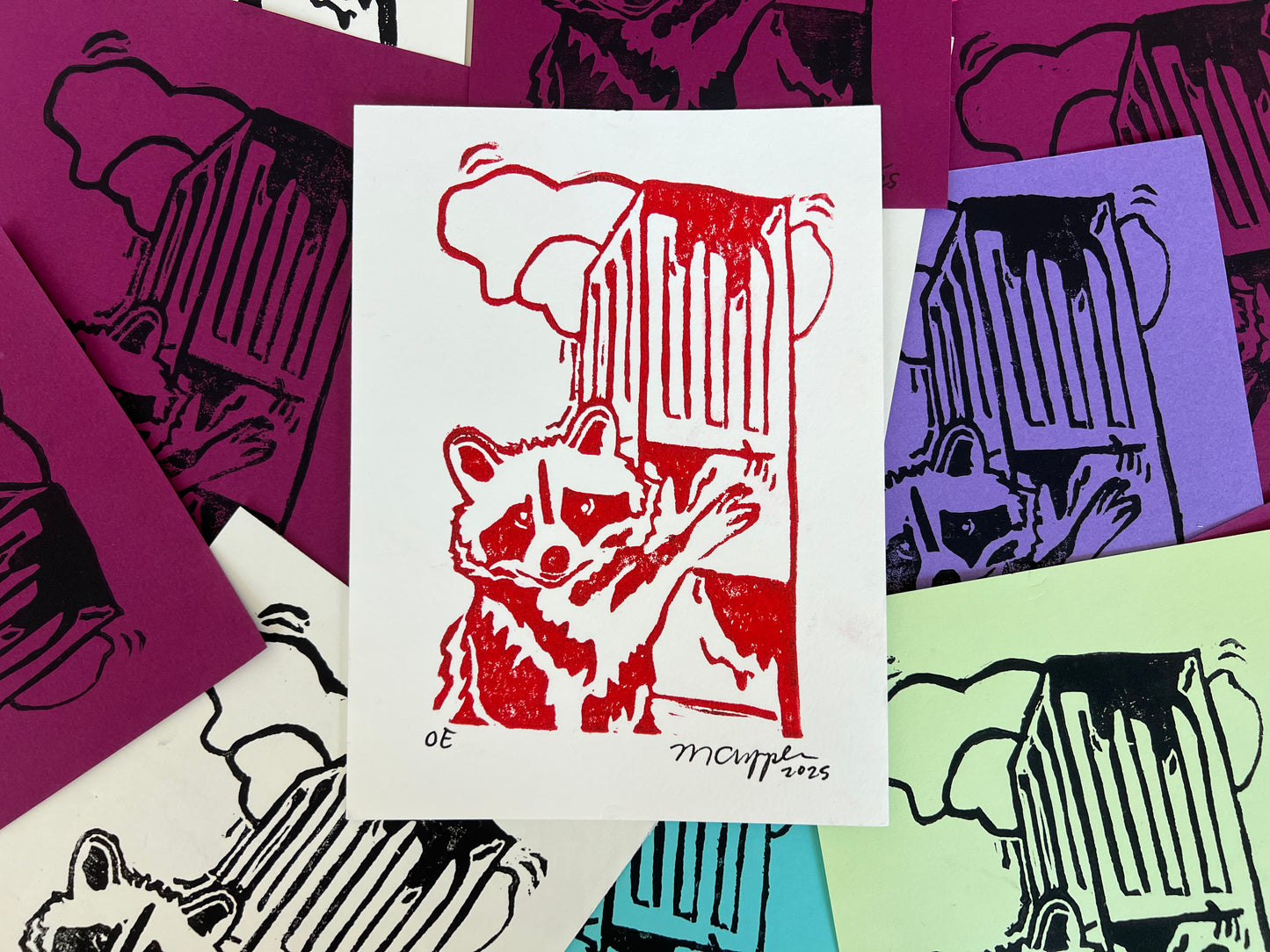 'Storke Raccoon' Linoleum Block Print