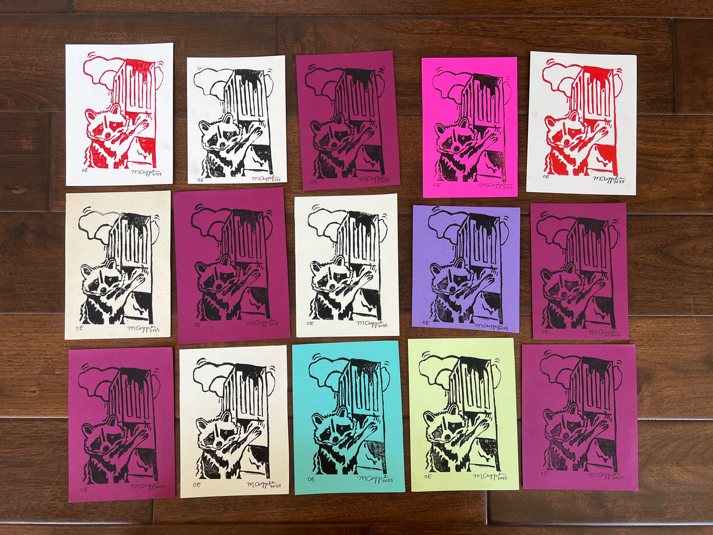 'Storke Raccoon' Linoleum Block Print