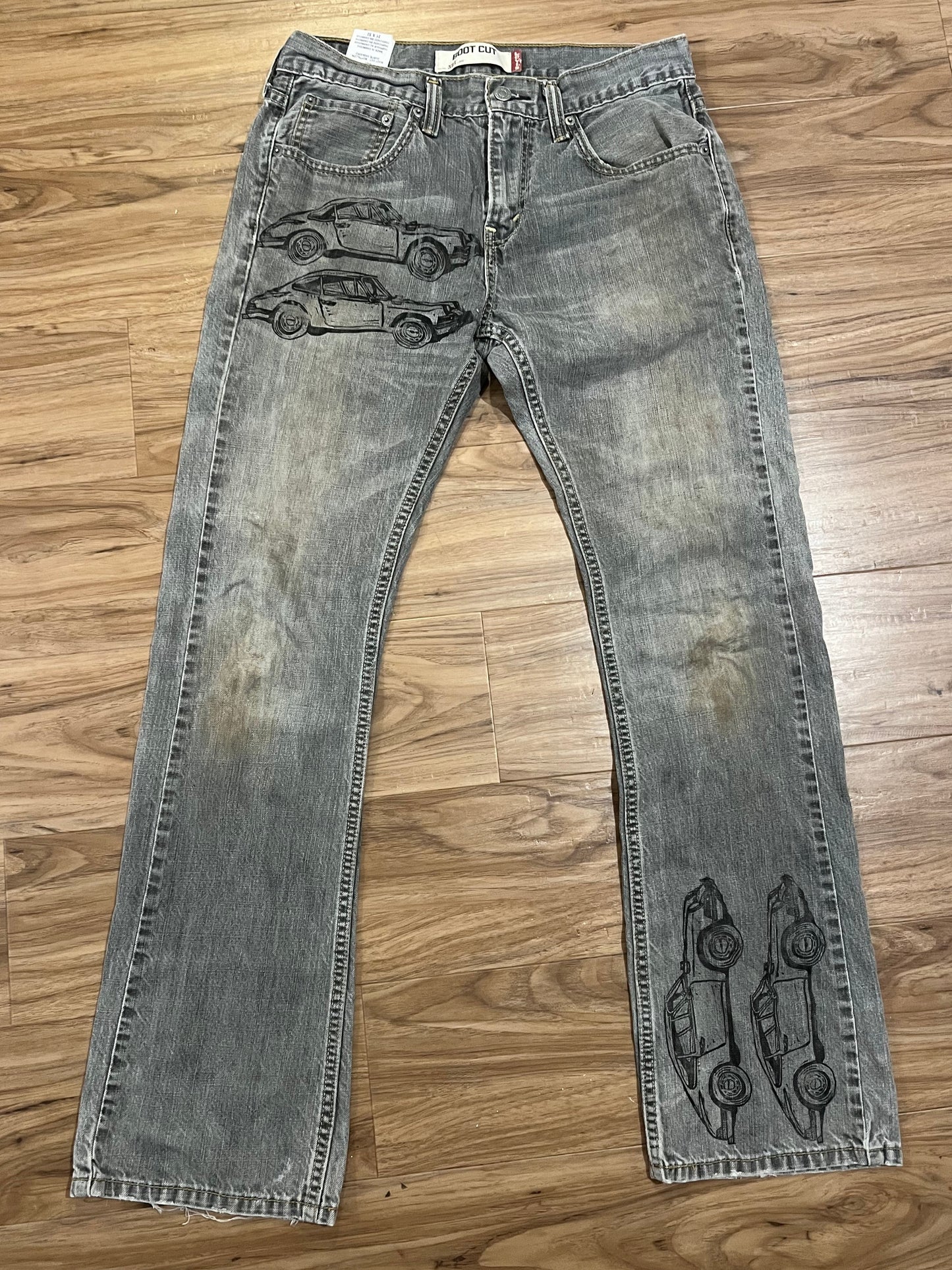 Reworked Levi's Jeans: Handprinted Car Linoleum Block