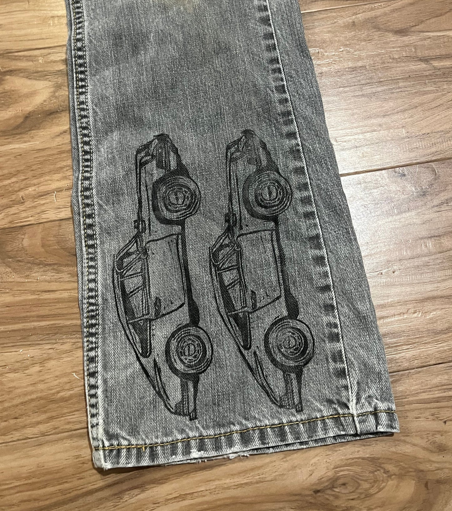 Reworked Levi's Jeans: Handprinted Car Linoleum Block
