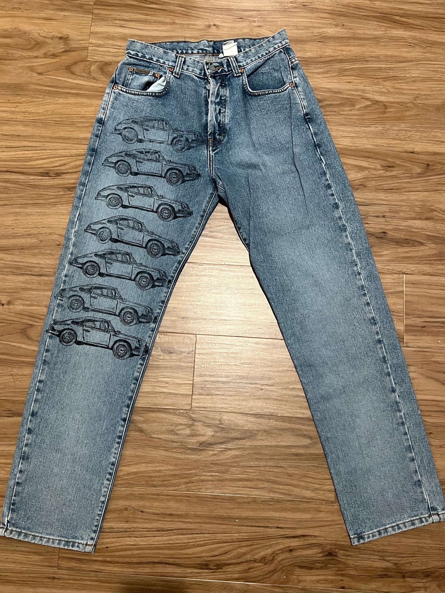 Reworked Calvin Klein Jeans: Handprinted Car Linoleum Block