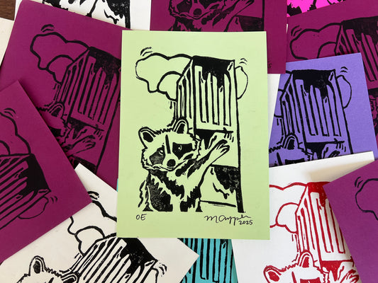 'Storke Raccoon' Linoleum Block Print