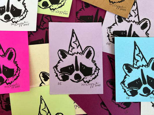 'Wizard' Raccoon Linoleum Block Print