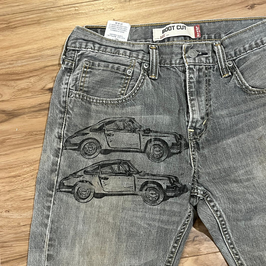 Reworked Levi's Jeans: Handprinted Car Linoleum Block