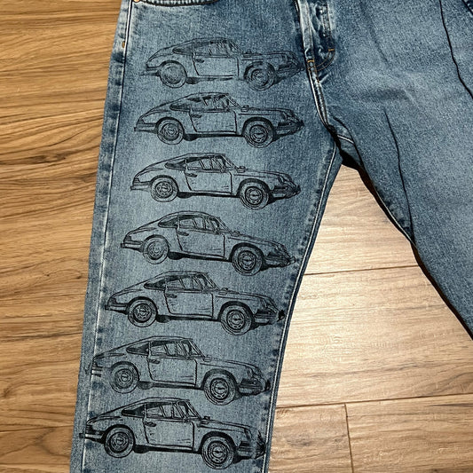 Reworked Calvin Klein Jeans: Handprinted Car Linoleum Block