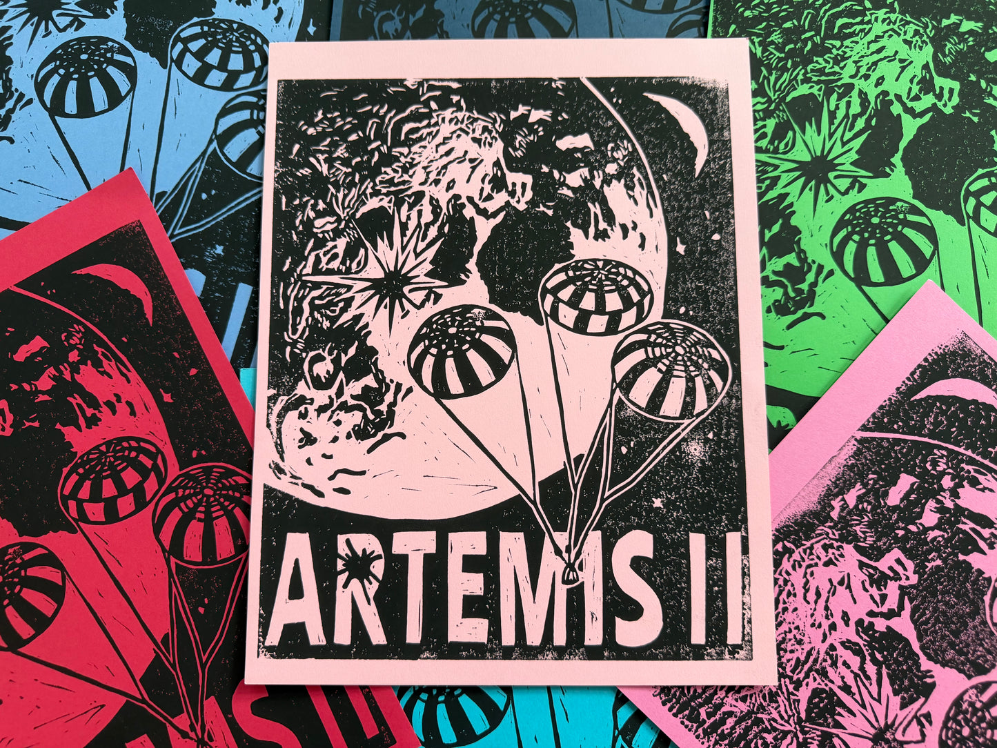 Artemis II Moon Space Exhibition Linoleum Block Print