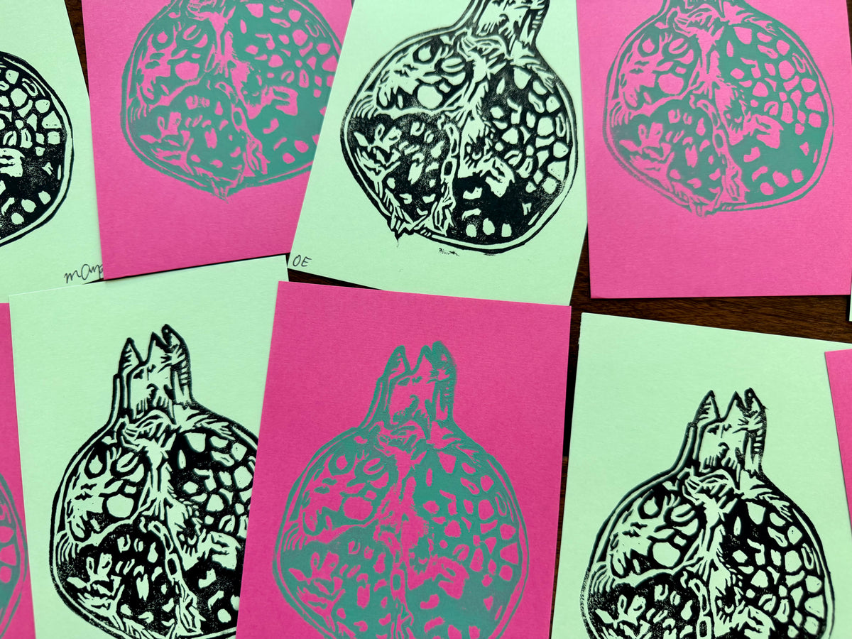 "Pomegranate Blues" Linoleum Block Print