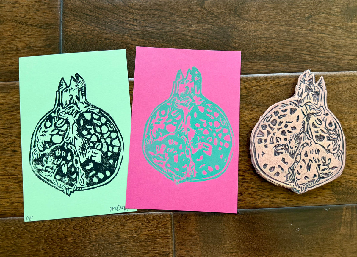 "Pomegranate Blues" Linoleum Block Print