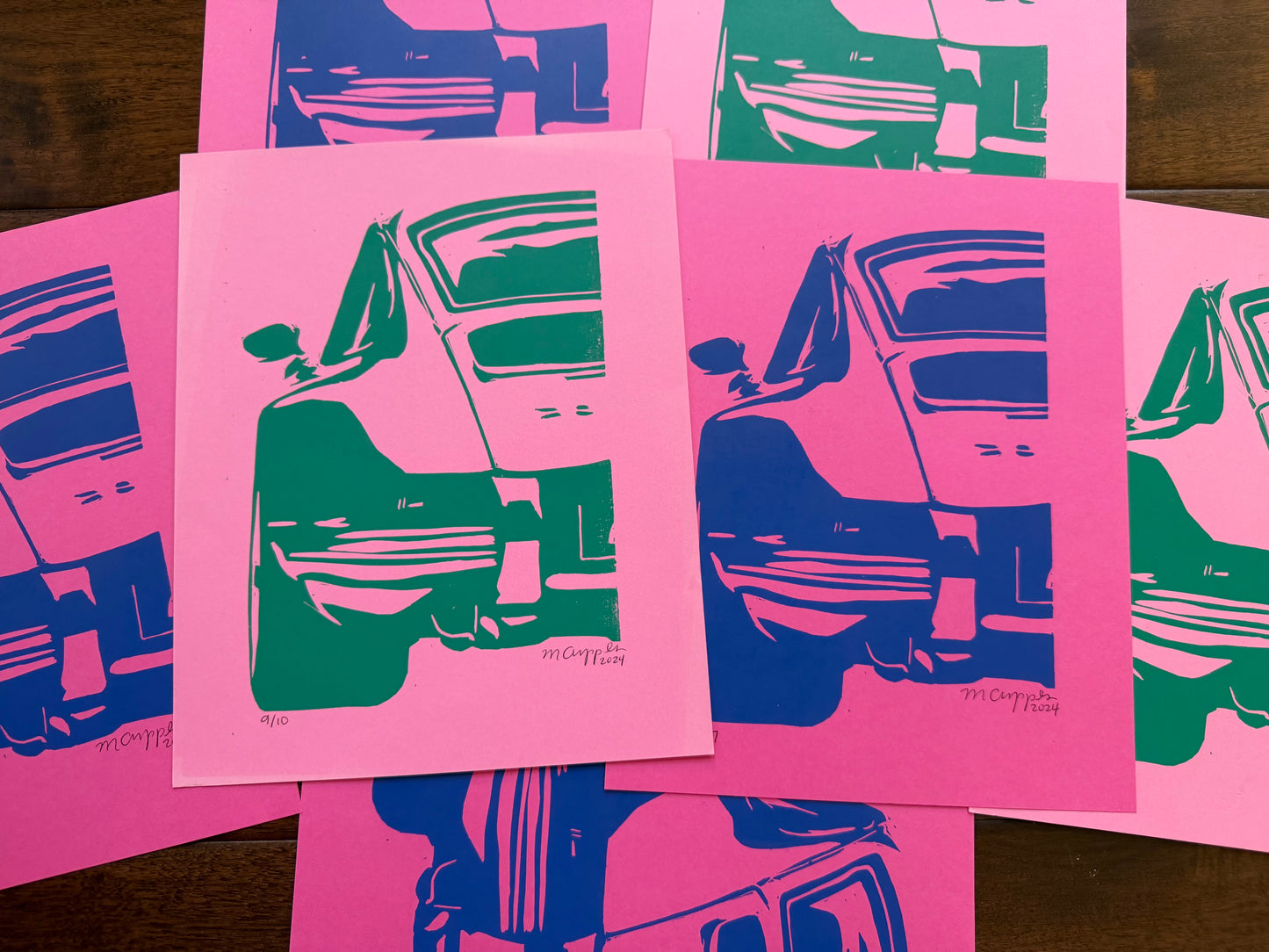 "911" Sports Car Linoleum Block Print