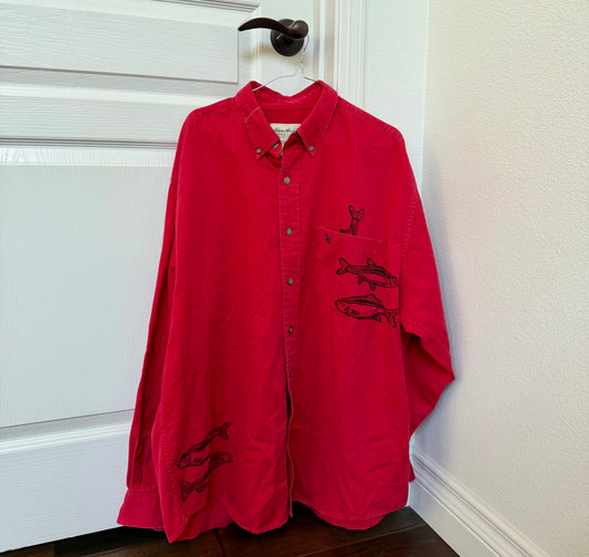 Fish Linoleum Block Print Red Button Up Shirt